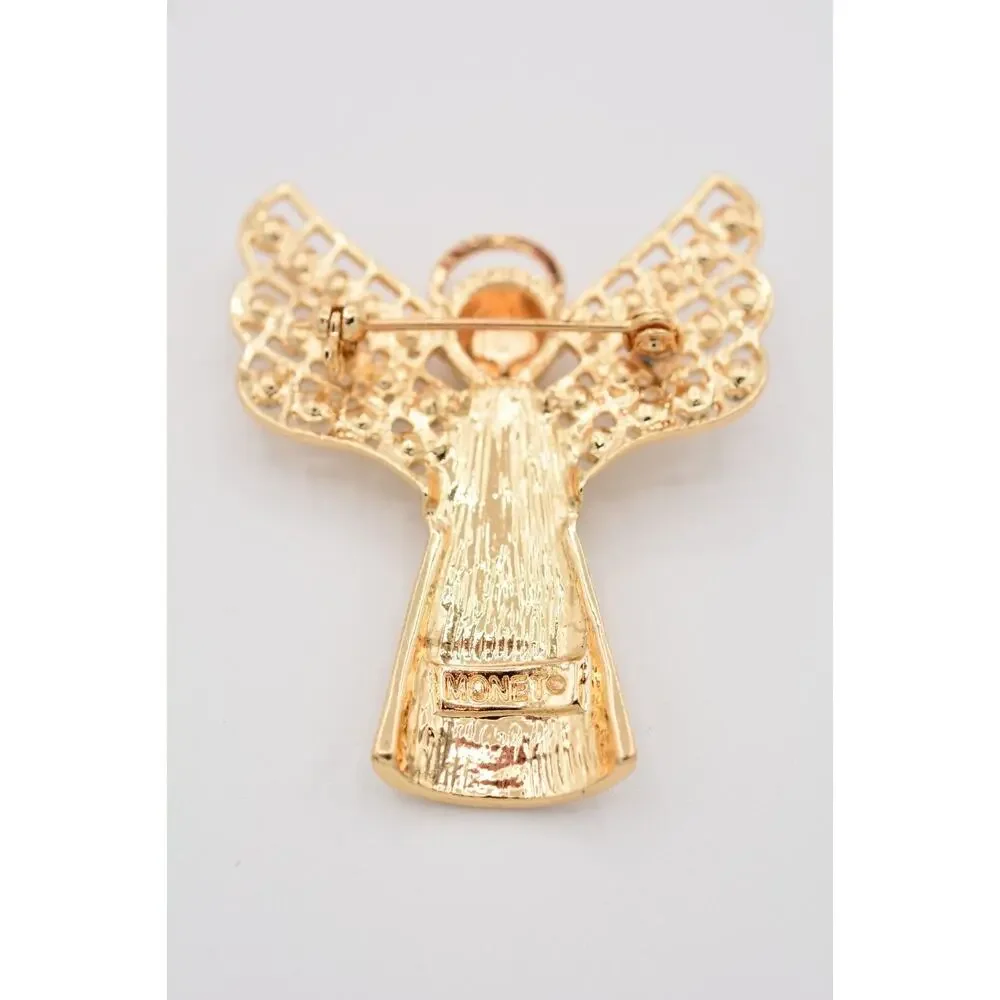 Monet Vintage Crystal Angel Pin Brooch Enamel Gold AB Rhinestone Christmas BinAT